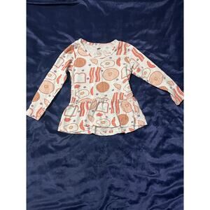 Monica + Andy Girls 5T Organic Cotton Peplum Top Breakfast Print Long Sleeve EUC